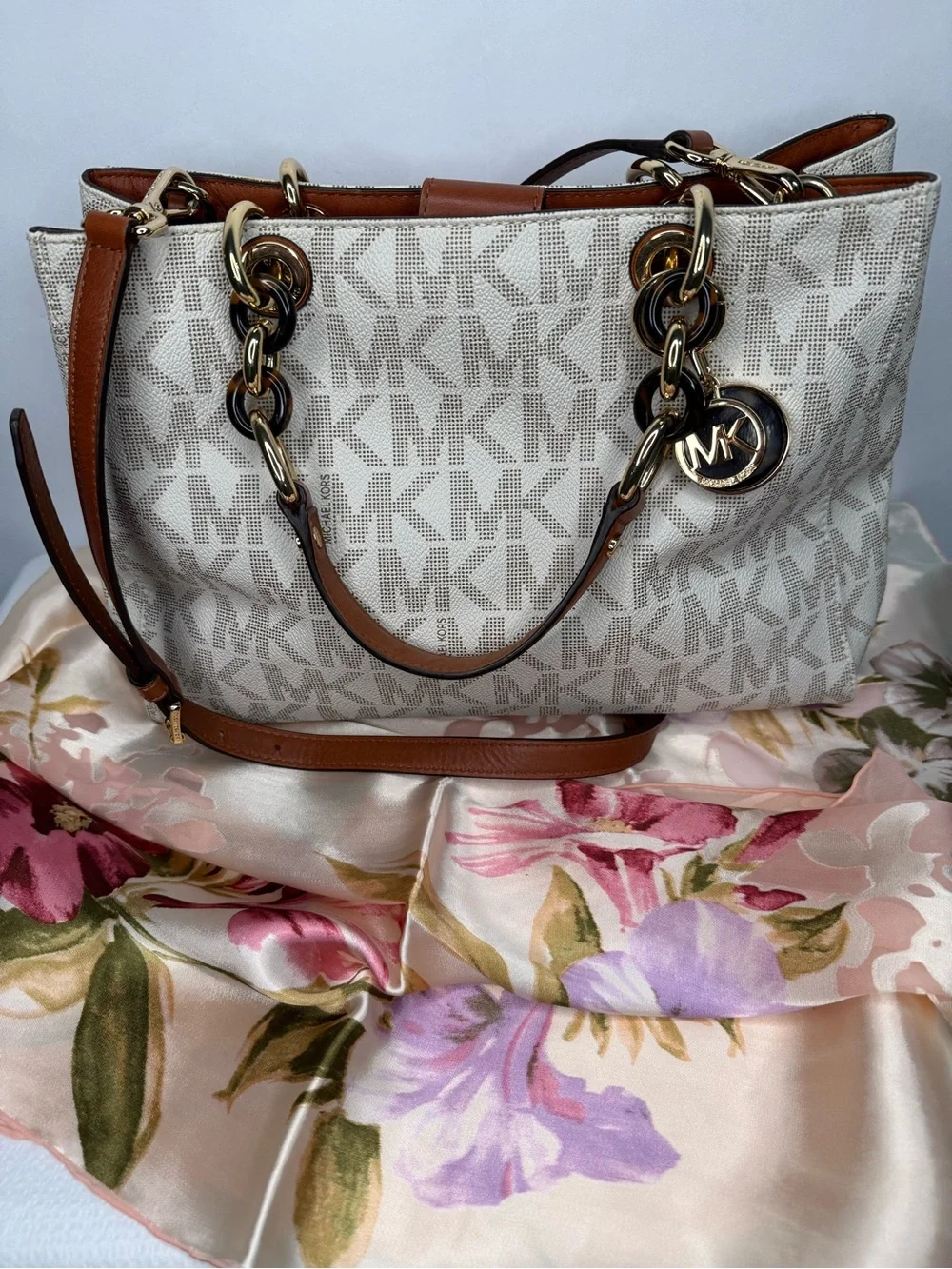 Michael Kors Cream Logo Tote with Brown Leather Straps